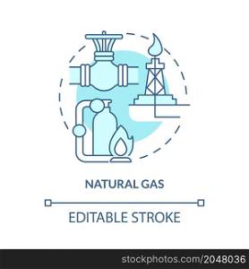 Natural gas turquoise blue concept icon. Fuel extract Nonrenewable sources abstract idea thin line illustration. Isolated outline drawing. Editable stroke. Roboto-Medium, Myriad Pro-Bold fonts used. Natural gas turquoise blue concept icon