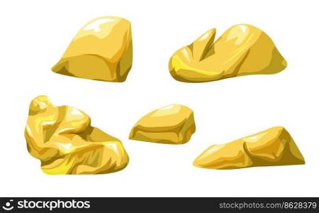 Natural golden metal or raw ore, isolated material used for making jewelry and money. Symbol of wealth and richness, economic stability and financial growth. Banking investing. Vector in flat style. Gold mineral, pieces of natural golden metals