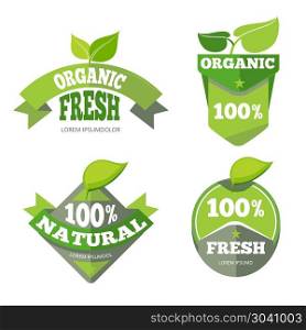 Natural green organic eco labels set. Natural green organic eco labels set. Bio sticker with leaf, vector illustration