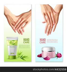 Natural Hand Cream 2 Realistic Banners . Natural hand creams with plants and rose buds extracts 2 vertical realistic banners with text isolated vector illustration