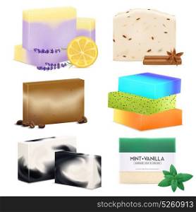 Natural Handmade Soap Realistic Set . Natural handmade soap bars collection with lemon lavender cinnamon sea salt vanilla and mint realistic isolated vector illustration