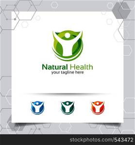 Natural health logo design vector with people and green ecology concept illustration.