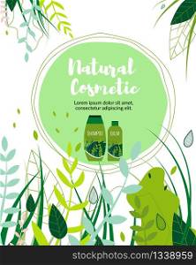 Natural Herbal Cosmetic Flat Catoon Banner Vector Illustration. Shampoo and Balm Bottles. Hair Care Products. Pharmacy Herbs with Leaves. Organic Products Business, Advertising and Promotion.
