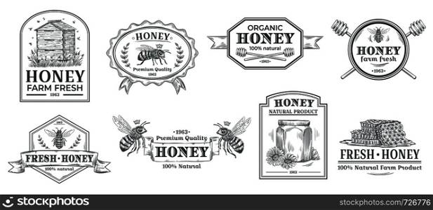 Natural honey badge. Bees farm label, vintage honey product hand drawn badges and bee emblem. Honey farm stamp logo, bee hive, wax or eco honeycomb insignia. Vector illustration isolated icon set. Natural honey badge. Bees farm label, vintage honey product hand drawn badges and bee emblem vector illustration set