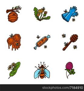 Natural honey icon set. Hand drawn set of 9 natural honey vector icons for web design isolated on white background. Natural honey icon set, hand drawn style