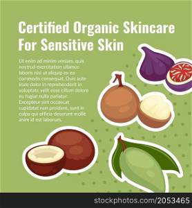 Natural ingredients for cosmetic products, certified skincare for sensitive skin. Homemade masks and moisturizers with lichi. Promo banner, advertisement or food presentation. Vector in flat style. Certified organic skincare for sensitive skin