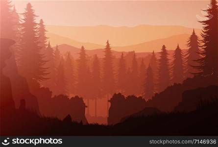 Natural jungle pine forest mountains horizon Landscape wallpaper Sunrise and sunset Illustration vector On cartoons style Colorful view background