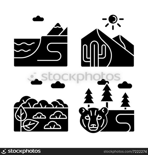 Natural landforms black glyph icons set on white space. Coastal terrain. Hot desert. Boreal forest, taiga. Land types. Terrestrial biomes. Silhouette symbols. Vector isolated illustration. Natural landforms black glyph icons set on white space