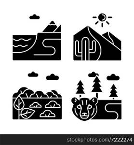 Natural landforms black glyph icons set on white space. Coastal terrain. Hot desert. Boreal forest, taiga. Land types. Terrestrial biomes. Silhouette symbols. Vector isolated illustration. Natural landforms black glyph icons set on white space