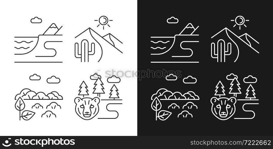 Natural landforms linear icons set for dark and light mode. Coastal terrain. Hot desert. Boreal forest. Customizable thin line symbols. Isolated vector outline illustrations. Editable stroke. Natural landforms linear icons set for dark and light mode