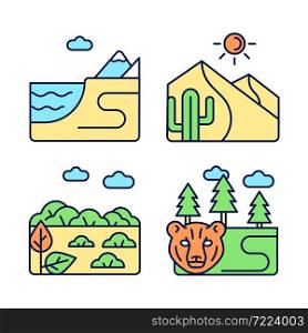 Natural landforms RGB color icons set. Coastal terrain. Hot desert. Boreal forest. Terrestrial biomes. Isolated vector illustrations. Simple filled line drawings collection. Editable stroke. Natural landforms RGB color icons set