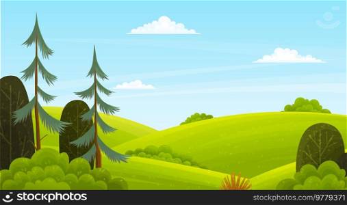 Natural landscape background with hills, clear blue sky and clouds, green mounds overgrown with grass, trees and bushes in forest. Beautiful unspoilt nature tourist area, summertime, adventure time. Natural landscape background with hills clear blue sky and clouds green mounds overgrown with grass