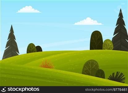Natural landscape background with hills, clear blue sky and clouds, green mounds overgrown with grass, trees and bushes in forest. Beautiful unspoilt nature tourist area, summertime, adventure time. Natural landscape background with hills clear blue sky and clouds green mounds overgrown with grass