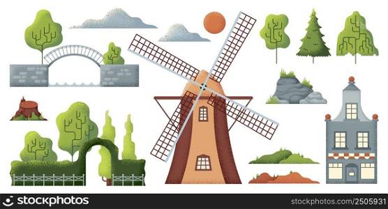 Natural landscape elements. Isolated green tree, mountain and stones. Rural textured objects. Flat mill, brick bridge and house, vector. Illustration of green natural tree and environment decoration. Natural landscape elements. Isolated green tree, mountain and stones. Rural textured objects. Flat mill, brick bridge and house, swanky vector set