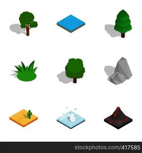 Natural landscape icons set. Isometric 3d illustration of 9 natural landscape vector icons for web. Natural landscape icons set, isometric 3d style