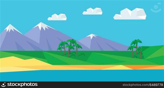 Natural Landscape in Flat. Natural landscape with sea, mountains, sky, clouds, sandy beach. Natural landscape in flat. Mountains landscape, abstract blue panoramic view. Nature background. Vector illustration.