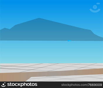 Natural landscape vector, seaside with mountains silhouette and paved road. Vacation by ocean and nature, summer traveling, journey to seashore illustration in flat style design for web, print. Seaside View of Mountains and Water Sea Vector