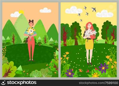 Natural landscape vector woman with bouquet, clouds at sky mountains and hills flying swallows at sky lady with flowers celebrating holiday unity nature. Woman Standing wtih Bouquet of Flowers in Bloom