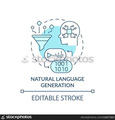 Natural language generation turquoise concept icon. Augmented data management abstract idea thin line illustration. Isolated outline drawing. Editable stroke. Arial, Myriad Pro-Bold fonts used. Natural language generation turquoise concept icon
