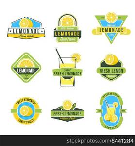 Natural lemon juice flat labels set. Rustic design for lemonade tags and fresh juice stickers vector illustration collection. Organic food and summer concept