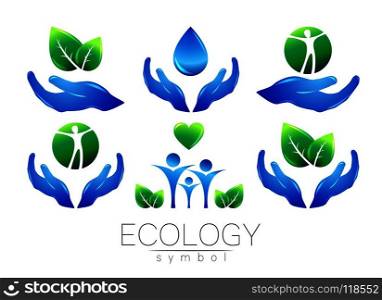 Natural logo vector design set. Hands leaves water and peple on white background. Green and blue colors. Sign for concept. Elements for banner. Symbol of eco life. Can be used for logotype.. Natural logo vector design set. Hands leaves water and peple on white background. Green and blue colors. Sign for concept. Elements for banner. Symbol of eco life. Can be used for logotype