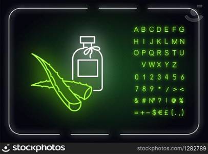 Natural lotion neon light icon. Organic cream with aloe vera. Plant based cosmetic. Dermatology. Outer glowing effect. Sign with alphabet, numbers and symbols. Vector isolated RGB color illustration