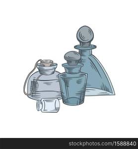 Natural medicine and medicine. Perfumes and potions. Colorful sketch of small bottles, flasks on a white background. Vector object for recipes, banners and your design.. Natural medicine and medicine. Perfumes and potions. Colorful sketch of small bottles, flasks on a white background. Vector object