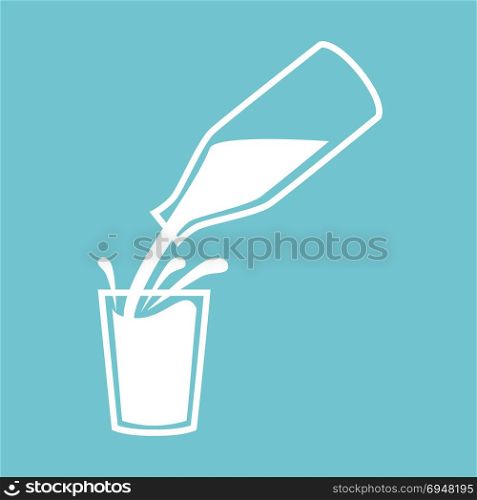 Natural milk symbol or logo. Milk pouring from a bottle with splashes in glass. Natural milk symbol or logo. Milk pouring from a bottle with splashes in glass. Concept idea for business. Vector illustration.