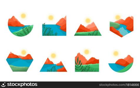 Natural modern landscape. Landscapes, abstract art mountain. Aesthetic boho sunset, japan minimal graphic panorama recent vector set. Illustration landscape nature, panorama colorful scenery terrain. Natural modern landscape. Landscapes shapes, abstract art mountain. Aesthetic boho sunset, japan minimal graphic panorama recent vector set