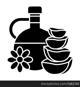 Natural oil black glyph icon. Plant based essence. Liquid for skincare. Aloe vera juice in glass jar. Moisturizing and exfoliating. Silhouette symbol on white space. Vector isolated illustration