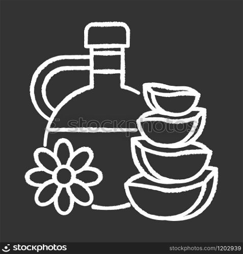 Natural oil chalk white icon on black background. Plant based essence. Floral liquid for skincare. Aloe vera juice in glass jar. Moisturizing and exfoliating. Isolated vector chalkboard illustration