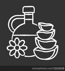 Natural oil chalk white icon on black background. Plant based essence. Floral liquid for skincare. Aloe vera juice in glass jar. Moisturizing and exfoliating. Isolated vector chalkboard illustration