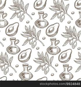 Natural oils of avocado and sea buckthorn seamless pattern. Liquids for spa treatment, hair and skin care. Vegetables and berries used in cooking. Monochrome sketch outline, vector in flat style. Avocado and sea buckthorn oils, natural components seamless pattern