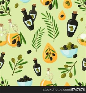 Natural olive seamless pattern with oil drops bottles and tree branches vector illustration