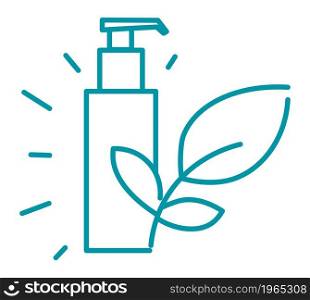 Natural organic cosmetic products with useful components and ingredients for moisturizing and lifting. Treatment and care for face and body, tube with leaves. Line art, simple vector in flat style. Cosmetics products, natural and organic vector