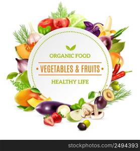 Natural organic food background with colorful bright frame contained fresh vegetables and fruits set pictured in realistic style vector illustration. Natural Organic Food Background