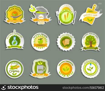 Natural organic food brands stickers set . Healthy food from ecological organic naturally grown high quality fresh products stickers set abstract isolated vector illustration