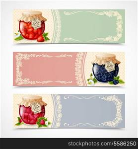 Natural organic forest berry jam in glass jar banners set isolated vector illustration.