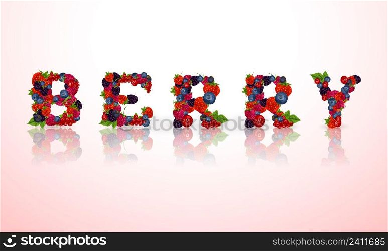 Natural organic forest garden berry word emblem with strawberry raspberry cowberry vector illustration