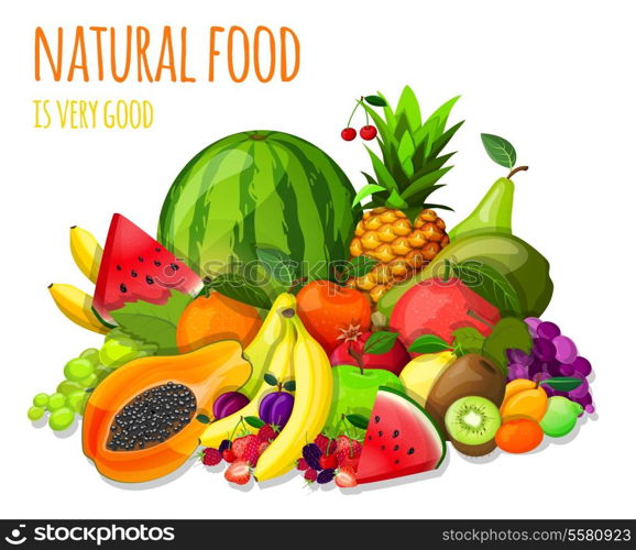 Natural organic fruits and berries set still life with watermelon apple kiwi grape vector illustration