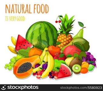 Natural organic fruits and berries set still life with watermelon apple kiwi grape vector illustration