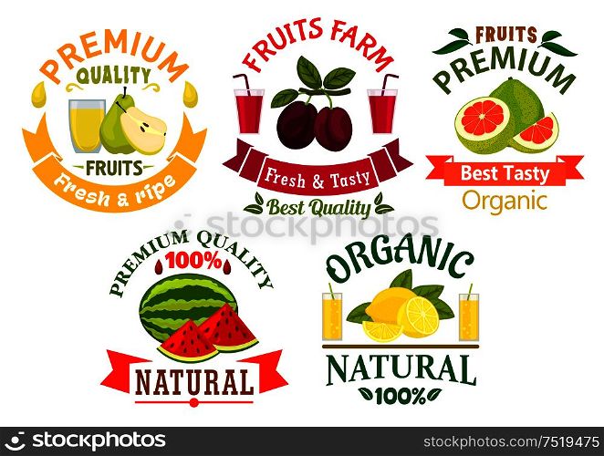 Natural organic fruits badges with fresh lemon, grapefruit, plum, pear, watermelon fruits with glasses of juice, adorned by green leaves and ribbon banners. Natural fruit symbols for agriculture design