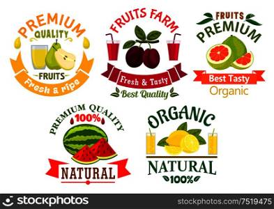 Natural organic fruits badges with fresh lemon, grapefruit, plum, pear, watermelon fruits with glasses of juice, adorned by green leaves and ribbon banners. Natural fruit symbols for agriculture design