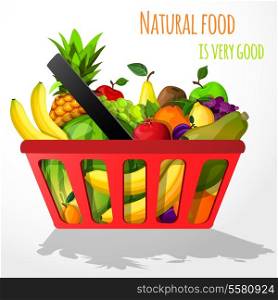 Natural organic fruits in shopping basket with banana pineapple watermelon grape vector illustration