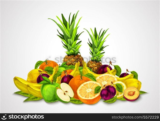 Natural organic fruits set still life with orange banana pineapple apple plum lemon vector illustration
