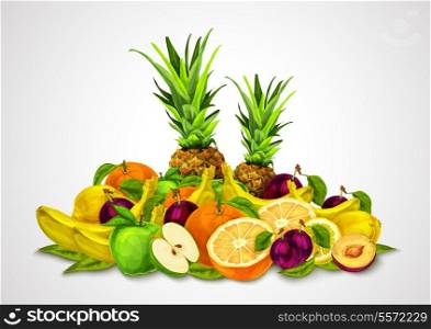 Natural organic fruits set still life with orange banana pineapple apple plum lemon vector illustration