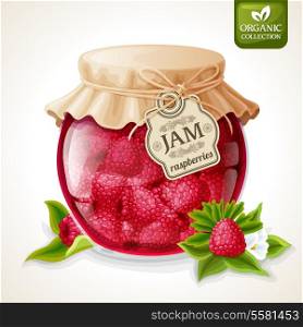 Natural organic homemade fresh ripe raspberry jam in glass jar with tag and paper cover vector illustration