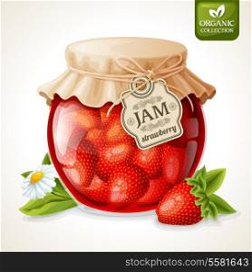 Natural organic homemade strawberry jam in glass with tag and paper cover vector illustration
