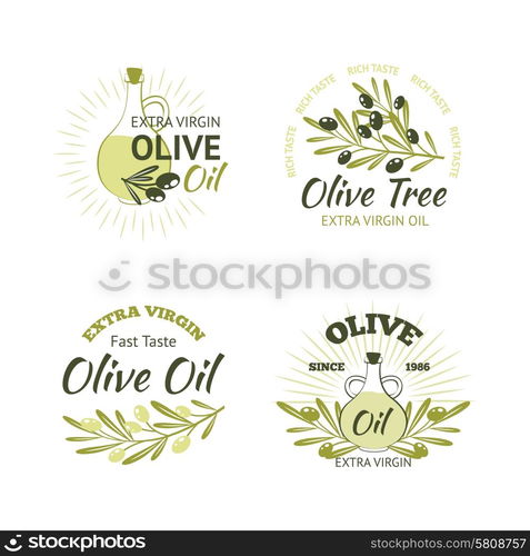 Natural organic olive oil emblems set with tree branches isolated vector illustration. Olive Emblems Set