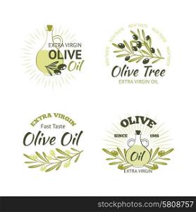 Natural organic olive oil emblems set with tree branches isolated vector illustration. Olive Emblems Set